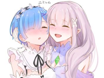 2girls alcohol blue_dress blue_hair blush closed_eyes dress emilia_(re:zero) hair_ornament holding long_hair maid maid_headdress multiple_girls open_mouth popo01512 re:zero_kara_hajimeru_isekai_seikatsu rem_(re:zero) roswaal_mansion_maid_uniform smile very_long_hair white_background white_hair