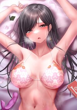 absurdres armpits arms_up bikini black_hair blue_eyes blush breasts cleavage condom condom_wrapper dead_or_alive dead_or_alive_6 heavy_breathing highres implied_sex kokoro_(doa) large_breasts long_hair looking_at_viewer lying navel official_alternate_costume on_back on_bed open_mouth pink_bikini steaming_body sweat swept_bangs swimsuit teru_cats used_condom