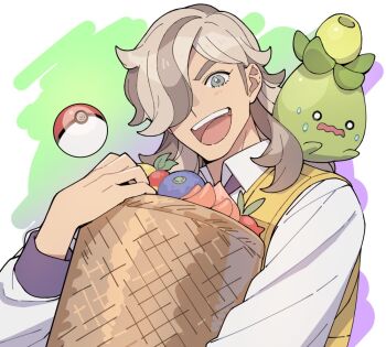 1boy arven_(pokemon) basket berry_(pokemon) brown_hair commentary_request grey_eyes hair_over_one_eye holding holding_poke_ball light_brown_hair long_hair long_sleeves looking_at_viewer male_focus multicolored_hair nagiko_(mangalove1111) nintendo open_mouth poke_ball pokemon pokemon_(creature) pokemon_sv shirt simple_background smoliv sweat tamato_berry teeth upper_body upper_teeth_only vest white_shirt yellow_vest