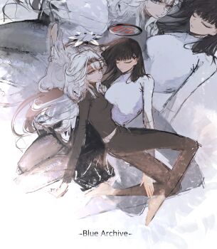 2girls black_hair black_pants black_shirt blue_archive closed_eyes commentary hair_ornament hairclip halo highres himari_(blue_archive) long_hair lying_on_person multiple_girls pants rio_(blue_archive) she_(morianosu) shirt sweater symbol-only_commentary white_hair white_sweater
