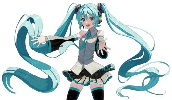 1girl absurdres aqua_eyes aqua_hair aqua_necktie black_skirt black_sleeves commentary_request detached_sleeves grey_shirt hatsune_miku headset highres long_hair necktie shirt skirt sleeveless sleeveless_shirt tatyaoekaki thighs twintails very_long_hair vocaloid white_background