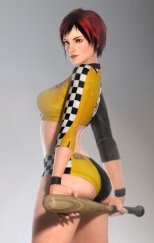 1girl absurdres ass baseball_bat breasts brown_eyes curvy dead_or_alive female_focus highres hip_focus holding holding_bat mila_(doa) multicolored_hair race_queen short_hair solo teeth thighs x2gon