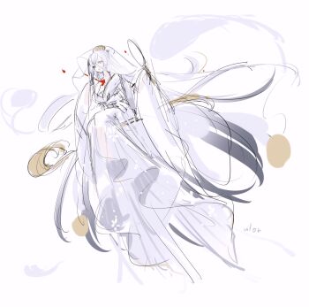 1girl artist_name azur_lane commentary_request hai_tien_(azur_lane) highres japanese_clothes kimono long_hair long_sleeves looking_at_viewer official_artist_extra simple_background sketch solo very_long_hair vilor white_background white_hair white_kimono white_theme wide_sleeves