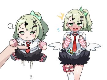 1boy 1girl arm_warmers bad_tag belt choker cum cumdrip doll green_eyes green_hair hair_ornament hairclip highres long_hair necktie ponytail saewoocho_bab shirt side_ponytail simple_background skirt sparkle_doll_onahole_(meme) standing sunna_(zenless_zone_zero) thigh_strap thighhighs thighs white_background white_legwear white_thighhighs wings zenless_zone_zero