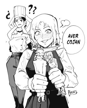 ? ?? apron arthropod_limbs artist_name black_apron black_blood black_hair black_tears blood blood_drip blood_from_mouth bloody_tears blush breasts chainsaw_man chef chef_hat collared_shirt crying disembodied_head dress earrings extra_arms fake_chainsaw_man falling_devil_(chainsaw_man) fami_(chainsaw_man) female_pervert flat_top_chef_hat fourth_east_high_school_uniform greyscale hair_between_eyes hat highres holding_detached_head jewelry large_breasts long_arms messy_hair mole mole_under_eye mole_under_mouth monochrome multiple_girls multiple_moles neck_ribbon open_mouth pervert pinafore_dress ribbon ringed_eyes school_uniform severed_head shirt short_hair signature simple_background sleeveless sleeveless_dress spanish_text tassel tassel_earrings teeth translated twitter_username victorbalgitt famine_devil_(chainsaw_man) white_shirt