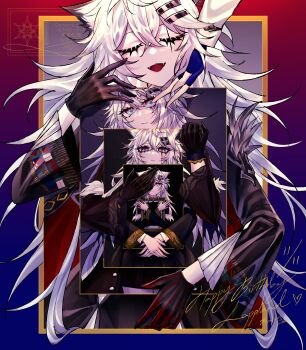 5girls :d absurdres animal_ears arknights black_gloves blood blood_on_face bloody_tears blue_eyes blue_gloves border closed_eyes closed_mouth commentary crossed_bangs english_commentary facing_viewer fangs fingerless_gloves gloves hair_between_eyes hair_ornament hairclip happy_birthday highres holding lappland_(arknights) lappland_the_decadenza_(arknights) light_smile long_sleeves looking_at_viewer multiple_girls open_mouth out_of_frame outside_border red_gloves scar scar_across_eye scar_on_face smile starilights surreal texas_(arknights) texas_the_omertosa_(arknights) watermark wolf_ears wolf_girl