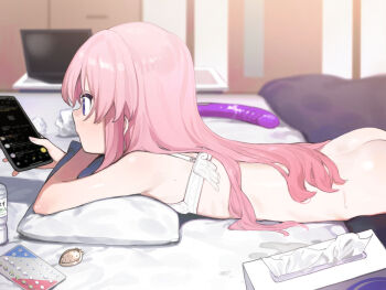 1girl ass blurry blurry_background bottomless bra cellphone computer dildo flat_chest from_side hair_spread_out highres holding holding_phone indoors laptop loli long_hair lying on_stomach original phone pill pillow pink_hair purple_eyes sex_toy signalviolet smartphone solo tissue_box underwear used_tissue white_bra yamamoto_yuru_(signalviolet)