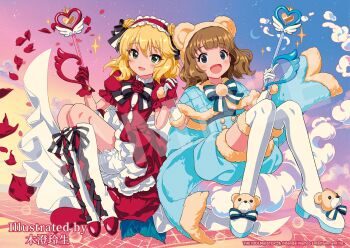 Rule 34 | 2girls, animal ears, artist name, bear ears, blonde hair, blue capelet, blue eyes, boots, bow, bowtie, brown hair, capelet, commentary request, company name, copyright name, copyright notice, dress, fake animal ears, flower, fur-trimmed capelet, fur trim, gloves, green eyes, guest art, highres, holding, holding hands, holding wand, idolmaster, idolmaster cinderella girls, idolmaster million live!, kisumi rei, knee boots, looking at viewer, magical girl, multiple girls, official art, open mouth, puffy short sleeves, puffy sleeves, red dress, red flower, red gloves, red rose, rose, sakurai momoka, sample watermark, second-party source, short hair, short sleeves, side-by-side, smile, suou momoko, thigh boots, wand, watermark, white boots, white gloves