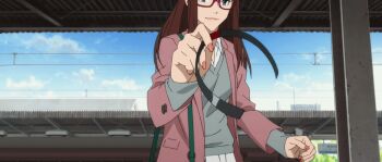 1girl aged_up animated animated_gif anime_screenshot brown_hair evangelion:_3.0+1.0_thrice_upon_a_time formal_clothes glasses long_hair looking_at_viewer makinami_mari_illustrious neon_genesis_evangelion open_hand pink_suit reaching reaching_towards_viewer rebuild_of_evangelion shirt smile suit sweater white_shirt