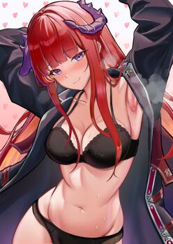1girl absurdres arknights armpits arms_behind_head arms_up bagpipe_(arknights) bagpipe_(royal_guardswoman)_(arknights) black_bra black_coat black_panties bra breasts chinese_commentary closed_mouth coat collarbone commentary_request dragon_girl dragon_horns grey_background head_tilt heart highres horns large_breasts light_blush long_hair long_sidelocks long_sleeves looking_at_viewer navel official_alternate_costume orange_hair panties pexys purple_eyes purple_horns sidelocks smile solo steaming_body stomach sweat underwear upper_body very_long_hair