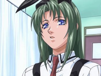 00s 1girl 2001 animal_ears animated animated_gif bible_black bible_black_night_of_the_walpulgiss blue_eyes green_hair ito_mika long_hair necktie rabbit_ears red_skirt school_uniform shoes skirt tagme