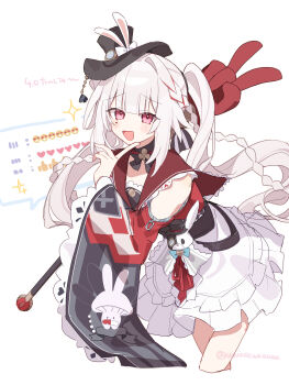 Rule 34 | 1girl, absurdres, black hat, clothing cutout, commentary request, detached sleeves, dress, finger to own chin, hat, highres, holding, honkai: star rail, honkai (series), japanese clothes, kimono, leaning forward, livestream, looking at viewer, mark under both eyes, open mouth, pink eyes, red kimono, sailor collar, shoulder cutout, solo, sparkle (honkai: star rail), sparxie (honkai: star rail), teeth, twintails, uwasewau, white hair