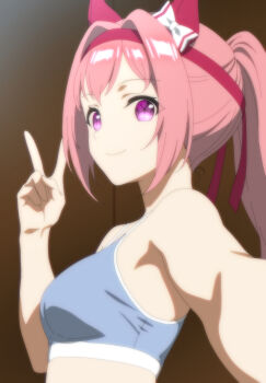 1girl blue_sports_bra breasts closed_mouth ear_covers hairband haru_urara_(umamusume) highres horse_girl looking_at_viewer medium_breasts medium_hair munmunmu pink_hair ponytail purple_eyes red_hairband selfie smille solo sports_bra umamusume upper_body v