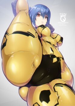 1girl ass black_trim blue_hair bodysuit breasts cameltoe close-up covered_erect_nipples covered_navel feet_out_of_frame from_below grey_background hair_between_eyes impossible_bodysuit impossible_clothes leg_up legs light_blush looking_at_viewer medium_breasts nandz orange_eyes parted_lips phantasy_star phantasy_star_online_2 quna_(pso2) skin_tight solo split spread_legs standing standing_on_one_leg standing_split twintails yellow_bodysuit zelsius