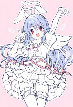 Rule 34 | 1girl, :d, animal ears, arm up, blue hair, blush, commentary request, frilled skirt, frills, hairband, halo, hand up, hololive, layered sleeves, long hair, long sleeves, looking at viewer, mauve, open mouth, outline, partially colored, pink background, puffy short sleeves, puffy sleeves, rabbit ears, red eyes, shirt, short eyebrows, short over long sleeves, short sleeves, simple background, skirt, smile, solo, thick eyebrows, usada pekora, very long hair, virtual youtuber, white outline