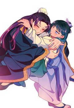 Rule 34 | 1boy, 1girl, beads, black jacket, black shoes, blue eyes, blue hair, blush, bun cover, chinese clothes, closed eyes, flats, freckles, furrowed brow, hair beads, hair bun, hair ornament, hair ribbon, hashtag-only commentary, hetero, highres, hug, jacket, jinshi (kusuriya no hitorigoto), kusuriya no hitorigoto, long hair, maomao (kusuriya no hitorigoto), parted lips, purple hair, purple ribbon, ribbon, ryeongrry11, shirt, shoes, smile, sweatdrop, white background, white shirt