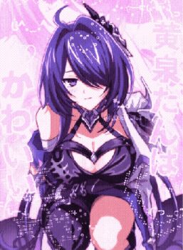 1girl acheron_(honkai:_star_rail) ahoge asymmetrical_legwear blush breasts chain cleavage commentary_request crop_top hair_ornament hair_over_one_eye highres honkai:_star_rail honkai_(series) l0ver_t_t large_breasts long_hair looking_at_viewer open_clothes pink_background pixelated purple_eyes purple_hair single_bare_shoulder strap very_long_hair