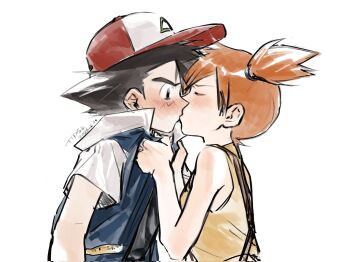Rule 34 | 1boy, 1girl, aihara-rina, ash ketchum, asymmetrical hair, bare arms, baseball cap, black hair, blue jacket, blush, closed eyes, clothes grab, grabbing another's shirt, hair tie, hat, hetero, jacket, kiss, landscape, misty (pokemon), nintendo, orange hair, pokemon, pokemon (anime), pokemon (classic anime), ponytail, shirt, short hair, short sleeves, side ponytail, sleeveless, spiked hair, surprised, suspenders, wide-eyed, yellow shirt