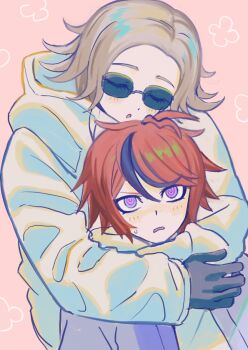 2boys :o ahoge aotsuki_eito asakamo_sirenai black_gloves black_streaks blue_eyes closed_eyes commentary embarrassed gloves grey_hair grey_jacket hood hoodie hug hug_from_behind jacket jacket_over_hoodie looking_at_another looking_up male_focus multicolored_hair multiple_boys pink_background red_hair ringed_eyes short_hair simple_background small_sweatdrop streaked_hair sumino_takumi sunglasses the_hundred_line_-last_defense_academy- white_hoodie white_jacket