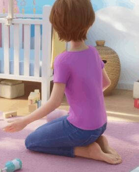 2girls affectionate age_difference animated animated_gif ass barefoot bedroom blue_eyes breasts brown_hair curled_fingers denim feet female_focus fingernails full_body happy heel_up index_finger_raised indoors jeans kneeling lifting_person mature_female medium_breasts mother_and_daughter multiple_girls neck nintendo official_art pants pikmin_(series) profile purple_shirt shirt short_hair short_sleeves size_difference soles toddler toenails toes