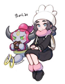 1girl ansha_(pokemon) black_coat black_dress botamochi_(exwelder) closed_mouth coat coat_dress donut dress eyelashes food gen_6_pokemon grey_hair hat highres holding holding_donut holding_food hoopa hoopa_(confined) invisible_chair legendary_pokemon long_sleeves looking_at_viewer mythical_pokemon nintendo pokemon pokemon_(creature) pokemon_legends:_z-a sitting smile twitter_username white_background white_hat