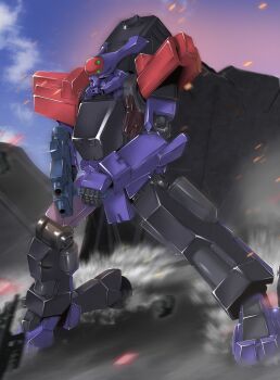 blue_sky cloud code_geass commentary_request day fujikusa gun highres holding holding_gun holding_weapon knightmare_frame legs_apart mecha mecha_focus motion_blur no_humans outdoors robot science_fiction sky solo sparks sutherland_(code_geass) weapon