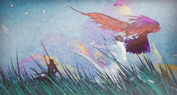 Rule 34 | 2boys, bird, black coat, black hair, character request, check character, coat, day, disintegration, faceless, falling petals, feet out of frame, grass, hands in pockets, highres, horaceswarcsal, kim dokja, male focus, multiple boys, omniscient reader's viewpoint, open clothes, open coat, outdoors, outstretched arm, petals, short hair, standing, tall grass, white coat, wind, yoo joonghyuk