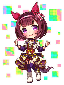 1girl animal_ears blunt_bangs blush bodice boots bow breasts brown_hair chibi chibi_only choker collarbone commentary_request corset cropped_jacket ear_covers full_body garter_straps hair_ornament hairband highres horse_ears horse_girl horse_tail jacket long_sleeves looking_at_viewer midriff_peek navel nishino_flower_(umamusume) open_mouth overskirt pendant_choker pink_hairband purple_choker purple_eyes purple_garter_straps purple_thighhighs red_corset red_shorts shirt short_hair shorts small_breasts smile solo star_(symbol) starting_future_(umamusume) sugimotty_nova tail thighhighs umamusume white_boots white_jacket white_shirt wristband x_hair_ornament