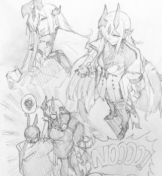 Rule 34 | 1other, 2girls, absurdres, amiya (arknights), animal ears, arknights, clinging, closed eyes, commentary request, doctor (arknights), english text, from above, greyscale, hair over one eye, highres, hood, hood down, horns, long hair, long sleeves, looking at viewer, monochrome, multiple girls, necrass (arknights), ponytail, rabbit ears, senpuki, simple background, very long hair