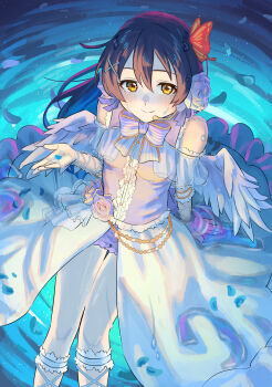 Rule 34 | 1girl, absurdres, bare shoulders, blue hair, blush, breasts, butterfly hair ornament, closed mouth, commentary request, cupping hand, feet out of frame, hair ornament, highres, holding, holding petal, long hair, looking at viewer, love live!, love live! school idol festival, love live! school idol project, petals, purple shirt, purple shorts, shirt, shorts, sitting, sleeveless, sleeveless shirt, small breasts, smile, solo, sonoda umi, split mouth, tanaka yaku, white day (love live!), x hair ornament, yellow eyes