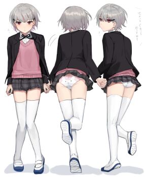 1boy ? ass black_jacket black_ribbon blue_shoes blush closed_mouth collared_shirt colored_inner_hair commentary_request crossdressing crossdressing_(mtf) dot_nose from_behind full_body grey_hair grey_skirt highres jacket long_sleeves looking_at_viewer looking_back male_focus miniskirt motion_lines multicolored_hair multiple_views open_clothes open_jacket original panties pink_hair pink_panties pink_vest plaid_clothes plaid_skirt pleated_skirt print_panties purple_eyes ribbon shadow shirt shoes short_hair simple_background skindentation skirt standing standing_on_one_leg sunaba_(nczd5875) thighhighs thighs translation_request trap two-tone_hair underwear vest white_background white_panties white_shirt white_thighhighs zettai_ryouiki