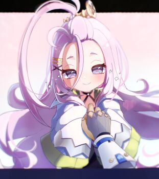 2girls aino_(genshin_impact) awarenaikimono coat commentary_request female_pov genshin_impact hair_between_eyes hair_ornament highres ineffa_(genshin_impact) letterboxed multiple_girls outside_border pink_background pink_hair pov purple_eyes screw_hair_ornament simple_background sleeves_past_fingers sleeves_past_wrists smile solo_focus sparkle upper_body white_coat