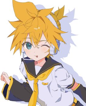 1boy :p arm_at_side black_arm_warmers black_sailor_collar black_shorts blonde_hair blue_eyes closed_mouth crossed_bangs geometry682 hair_between_eyes hand_up hashtag-only_commentary headphones headset high_ponytail highres kagamine_len light_blush looking_at_viewer male_focus neckerchief one_eye_closed ponytail sailor_collar shadow shirt short_ponytail short_sleeves shorts solo tongue tongue_out upper_body vocaloid white_background white_shirt yellow_neckerchief yellow_shorts yellow_trim