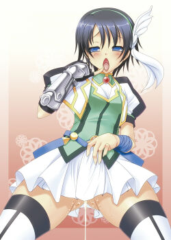 Rule 34 | 10s, 1girl, aftersex, ayato, bad id, bad pixiv id, black hair, blue eyes, blush, cum, cumdrip, dog days, female focus, fingerless gloves, gauntlets, gloves, highres, jacket, pinky out, puffy sleeves, pussy juice, short hair, skirt, solo, sweat, takatsuki nanami, thighhighs