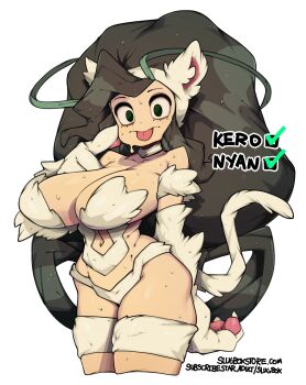 1girl :p absurdres animal_ear_hairband animal_ears animal_hands asui_tsuyu black_hair boku_no_hero_academia breasts cat_ear_hairband cat_ears cat_tail choker cosplay cowboy_shot cropped_legs darkstalkers elbow_gloves fake_animal_ears felicia_(darkstalkers) felicia_(darkstalkers)_(cosplay) finger_to_face gloves green_eyes hairband highres huge_breasts long_hair looking_at_viewer navel paw_gloves simple_background slugbox solo sweat tail thigh_strap tongue tongue_out very_long_hair white_background white_choker white_gloves white_hairband white_tail