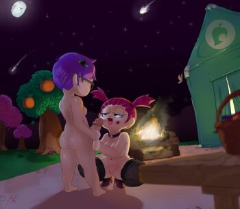 1futa 1girl :3 animal_crossing artist_name ass back barefoot basket belly black-framed_eyewear black_choker black_legwear black_sky blurry blurry_foreground blush_stickers bonfire breasts bug butterfly cherry_blossoms choker completely_nude earrings easter_egg egg erection facial_tattoo fire fishnet_legwear fishnets food from_behind fruit full_body futa_with_female futanari gem glasses grass hair_ornament hair_tie hairclip half-closed_eyes happy heart heart_hair_ornament hexanne high_heels highres insect jewelry kneepits large_breasts looking_at_another matching_hair/eyes meteor_shower moon multiple_girls navel navel_piercing night nintendo nipples nude open_mouth orange_(fruit) outdoors path penis piercing pink_eyes pink_hair purple_hair pussy red_footwear road shiny_skin shoes short_hair sidelocks signature sky small_breasts smile smoke spread_legs squatting standing star_(sky) star_(symbol) starry_sky stud_earrings table tattoo tent thighhighs tongue tongue_out tree twintails villager_(animal_crossing)