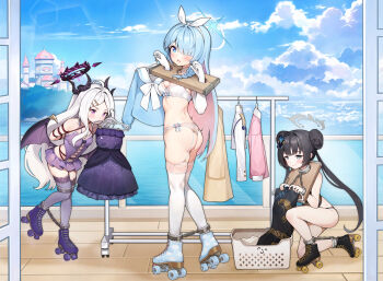 3girls absurdres ahoge ass bdsm black_hair black_halo blue_archive blue_eyes blue_hair blue_sky bondage bound bound_legs breasts chinese_commentary collar commentary_request cuffs day double_bun general_student_council_president_(blue_archive) hair_bun halo highres hina_(blue_archive) hobble kisaki_(blue_archive) long_hair multiple_girls ocean okazakileo outdoors pillory restrained roller_skates second-party_source shackles shibari situmeyer_mi skates sky slave small_breasts standing tied_up_(nonsexual) twintails underwear very_long_hair white_hair