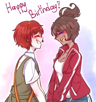 Rule 34 | 2girls, arm freckles, artist name, asahina mikuru, birthday connection, blush, body freckles, breasts, brown hair, cleavage, closed eyes, cosmiccolours, danganronpa: trigger happy havoc, danganronpa (series), danganronpa 2: goodbye despair, dark-skinned female, dark skin, dress, english text, eyelashes, facing another, freckles, from side, green dress, grin, hair ornament, hairclip, happy birthday, highres, jacket, koizumi mahiru, medium hair, multiple girls, open clothes, open jacket, open mouth, outline, pinafore dress, ponytail, red hair, red jacket, shirt, short hair, short sleeves, sleeveless, sleeveless dress, smile, teeth, upper teeth only, white outline, white shirt