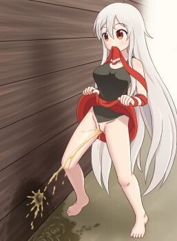 1girl absurdres bare_legs bare_shoulders barefoot breasts brown_eyes chiya_(urara_meirochou) cleft_of_venus clothes_lift female_focus full_body highres lifting_own_clothes long_hair medium_breasts midori_no_beru mouth_hold no_panties outdoors pee peeing peeing_on_wall puddle pussy skirt skirt_lift solo standing toes uncensored urara_meirochou very_long_hair white_hair wooden_wall