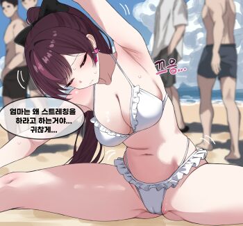 1girl 4boys absurdres arm_up armpits beach bikini black_bow blush bow breasts brown_hair cameltoe cleavage closed_eyes closed_mouth cloud commentary day earrings frilled_bikini frills hair_bow heart heart_earrings highres isegye_idol jewelry jururu korean_commentary korean_text large_breasts long_hair lsssssss medium_breasts multicolored_hair multiple_boys navel ocean outdoors ponytail purple_hair sky solo_focus speech_bubble split spread_legs stomach streaked_hair stretching sweat swimsuit thighs translated virtual_youtuber waktaverse white_bikini