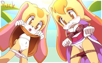 2girls bra, brown_eyes clothes_lift cream_the_rabbit highres loli multiple_girls panties pussy skirt skirt_lift sonic_(series) underwear vanilla_the_rabbit