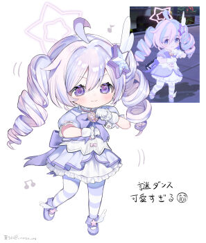 1girl :3 ahoge amanatsu_uni blue_archive blue_hair blush bow bowtie chibi chibi_inset commentary_request crying_emoji dancing dress drill_hair emoji feather_hair_ornament feathers frilled_dress frills full_body game_screenshot_inset gloves hair_ornament halo highres long_hair looking_at_viewer magical_girl multicolored_hair multicolored_thighhighs musical_note official_alternate_costume one_eye_closed open_mouth pink_hair puffy_short_sleeves puffy_sleeves purple_bow purple_bowtie purple_eyes purple_hair purple_skirt purple_thighhighs reisa_(blue_archive) reisa_(magical)_(blue_archive) scene_reference shirt short_sleeves sidestep simple_background skirt smile smug solo sparkle sparkling_eyes star-shaped_pupils star_(symbol) star_hair_ornament star_halo streaked_hair symbol-shaped_pupils tareme thighhighs translation_request twin_drills twintails twitter_username two-tone_hair two-tone_thighhighs upper_body v v-shaped_eyebrows v_over_eye white_background white_gloves white_thighhighs wing_hair_ornament wing_ornament