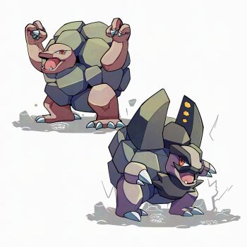 Rule 34 | alolan form, alolan golem, claws, commentary, english commentary, fangs, gen 1 pokemon, gen 7 pokemon, golem (pokemon), looking at viewer, mistray-art, nintendo, no humans, numbered, open mouth, pokemon, pokemon (creature), red eyes, regional and normal, signature, simple background, white background