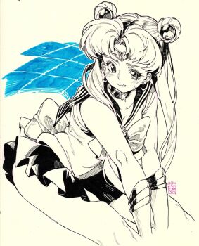 1girl artist_logo bishoujo_senshi_sailor_moon blush bow bowtie bracer breasts choker collarbone commentary crescent crescent_earrings cropped_arms cropped_legs dated derivative_work double_bun dress earrings english_commentary forehead_protector from_side hair_bun hair_ornament heart heart_choker jewelry logo long_hair looking_to_the_side marker_(medium) meme monochrome paper_background parted_lips pen_(medium) photo_(medium) pleated_skirt poch4n sailor_dress sailor_moon sailor_moon_redraw_challenge_(meme) screenshot_redraw sitting skirt small_breasts solo spot_color sweatdrop thighs traditional_media tsukino_usagi twintails wavy_mouth