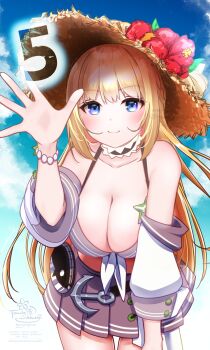 Rule 34 | 1girl, bikini, bikini skirt, blonde hair, blue eyes, blush, breasts, cleavage, closed mouth, commentary request, cowboy shot, flower, grey background, hat, hat flower, highres, large breasts, leaning forward, long hair, looking at viewer, ragnarok masters, ragnarok online, red flower, sakuraji tomoka, signature, smile, solo, straw hat, sun hat, swimsuit, waving