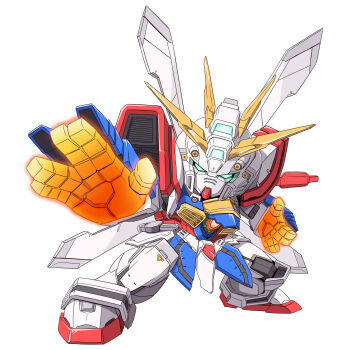 aitsugawa_rui bakunetsu_god_finger commentary g_gundam glowing glowing_eyes glowing_hand god_gundam green_eyes gundam highres hyper_mode_(gundam) mecha mecha_focus no_humans robot science_fiction simple_background solo super_robot v-fin white_background