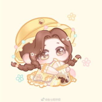 1girl alternate_hair_color ankle_socks beads braid brown_hair bubble_tea chibi dress drink drinking drinking_straw eyelashes fancy_milk_tea_(shining_nikki) food-themed_clothes food_print forehead frilled_dress frilled_sleeves frills hair_bobbles hair_ornament hat holding holding_drink light_blush long_hair looking_ahead low_twin_braids nikki_(series) parted_bangs polka_dot polka_dot_socks pom_pom_(clothes) print_dress rainbow_print shining_nikki shoes short_dress short_sleeves simple_background sitting socks solo star_(symbol) tareme twin_braids very_long_hair xiaoyu_qixing yellow_background yellow_dress yellow_eyes yellow_hat yellow_shoes yellow_socks