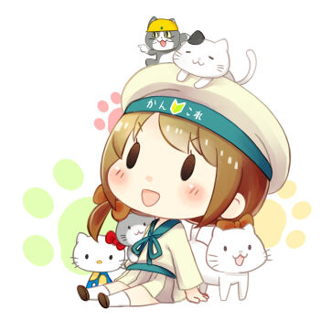 Rule 34 | 1girl, :3, :d, animal, blush, bow, brown hair, cat, cat day, commentary request, error musume, genba neko (character), genba neko (meme), halftone, halftone background, hat, hello kitty, hello kitty (character), helmet, hinata yuu, kantai collection, open mouth, pointing, polka dot, polka dot background, ribbon, sanrio, school uniform, serafuku, shigoto neko, shoshinsha mark, sitting, smile, twintails