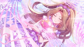 1girl closed_eyes earrings forehead game_cg gloves heart holding idolmaster idolmaster_million_live! idolmaster_million_live!_theater_days jewelry musical_note nikaido_chizuru official_art ponytail solo sparkle