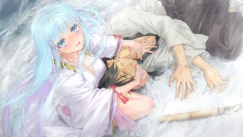 1boy 1girl bishoujo_mangekyou_(series) bishoujo_mangekyou_ibun:_yuki_onna blue_eyes blue_hair blush breasts cleavage closed_eyes day from_above game_cg hand_on_another&#039;s_chest hand_on_another&#039;s_face happoubi_jin highres injury japanese_clothes kimono large_breasts light_blue_hair long_hair long_sleeves open_mouth outdoors protecting shirayuki_hime_(bishoujo_mangekyou) snow sword very_long_hair weapon